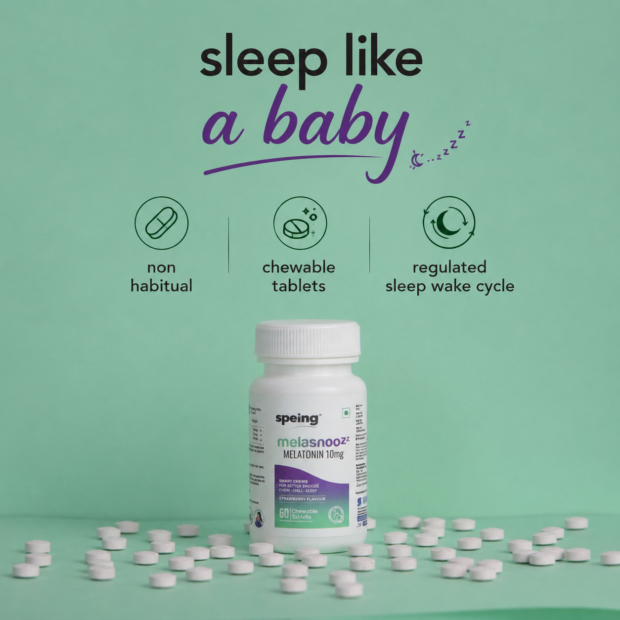 MelasnooZZ 10 mg Chewable Melatonin Tablets - for Restful Deep Sleeps